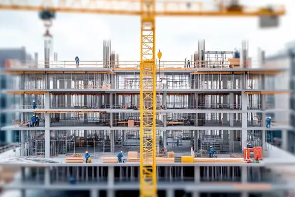 Baustelle eines mehrstöckigen Gebäudes mit einem gelben Baukran davor