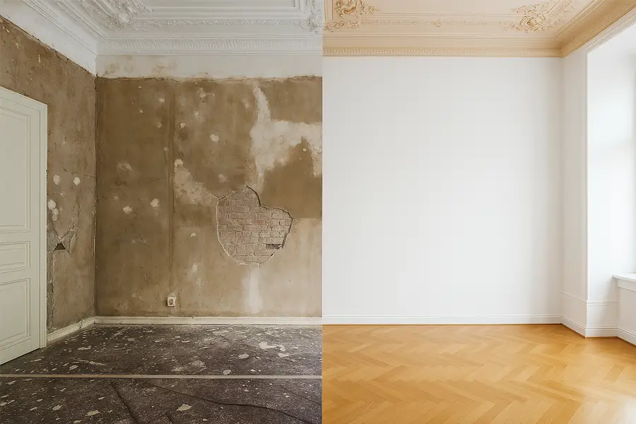 Raum im Vorher-Nachher-Vergleich: links unsanierte Wand mit Bauschäden, rechts renovierter Raum mit Parkettboden und weißer Wand