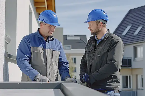 Zwei Bauleiter mit blauen Helmen im Gespräch auf einer Baustelle vor einem Wohngebäude